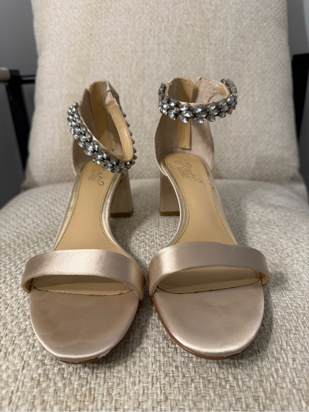Jewel Badgley Mischka Blush Satin Jeweled Ankle-Strap Block Heels